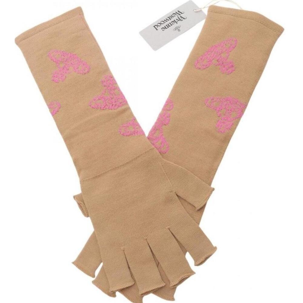 RARE! Vivienne Westwood Tan Nude Pastel Pink Logo Fingerless Gloves Glam L / XL